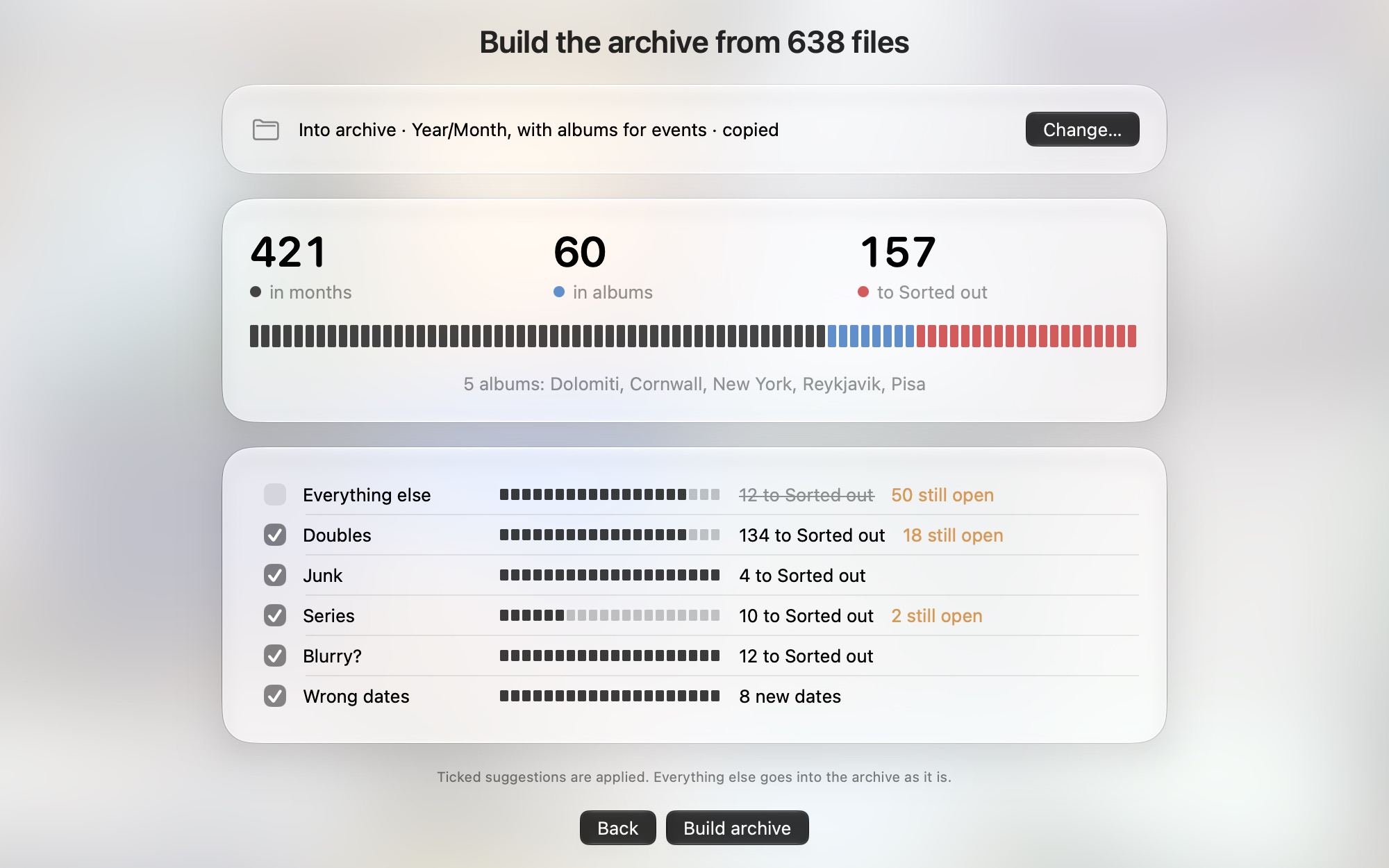 PhotoReunion, Build: one bar shows 421 photos in months, 59 in albums and 198 to Sorted out, and below it every stage with its count.