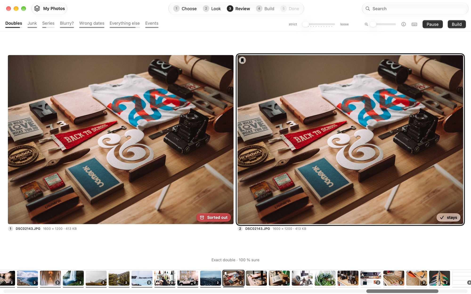 PhotoReunion, the Doubles stage of Review: a photo and its smaller WhatsApp copy side by side, the original stays, the copy is sorted out.